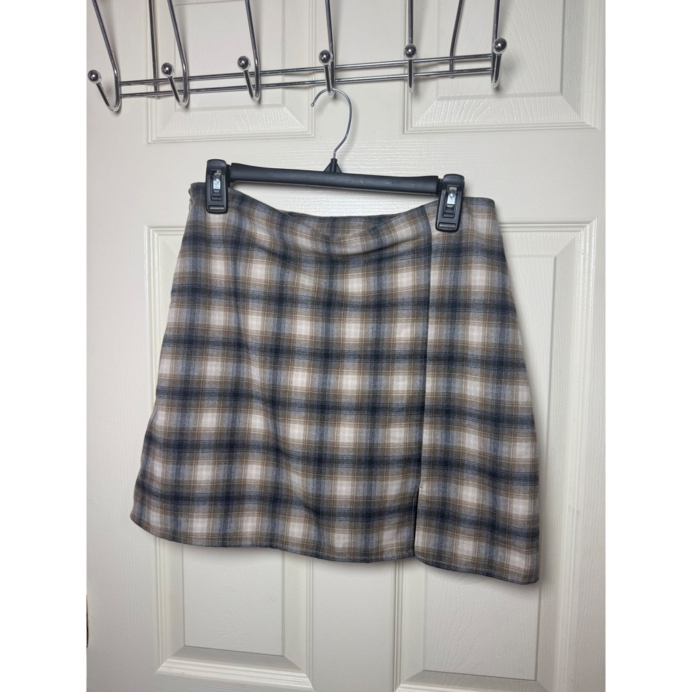 Old Navy Womens Plaid Mini Skirt Brown Tan Grey Checkered Slit Size M